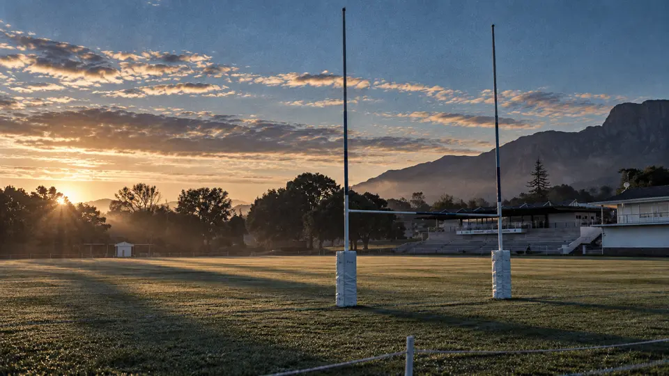 Rugby posts on a grass field at sunrise, mist in the mountains behind.